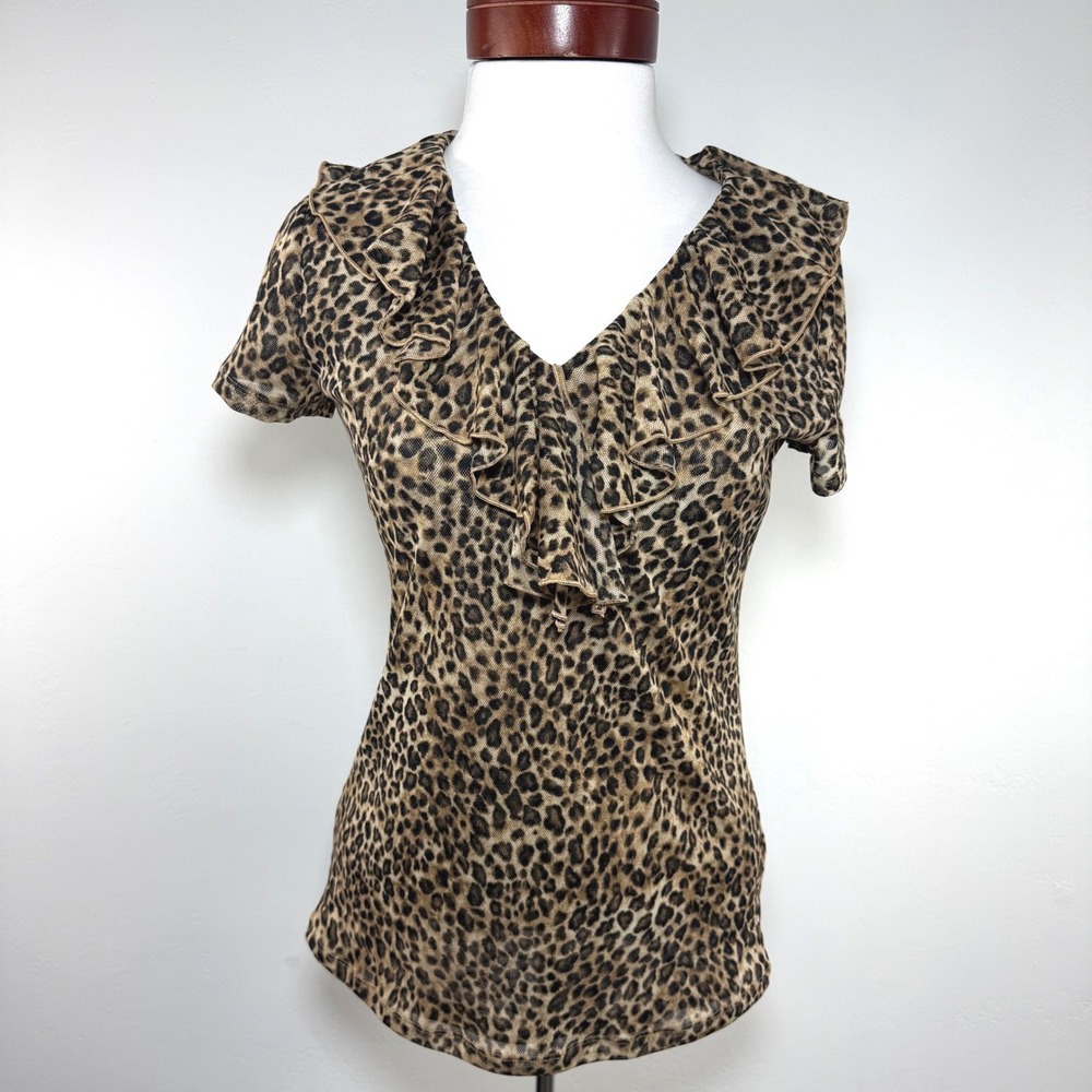 Lauren Ralph Lauren Leopard Print Ruffle Blouse M Mob Wife Office Siren Mesh Top